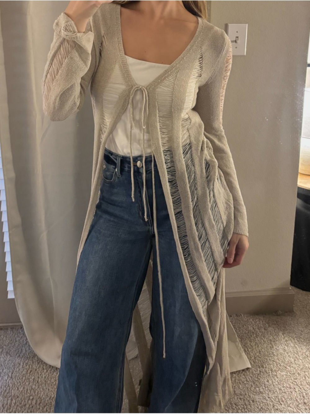 Cream Open-Knit Long Tie-Front Cardigan